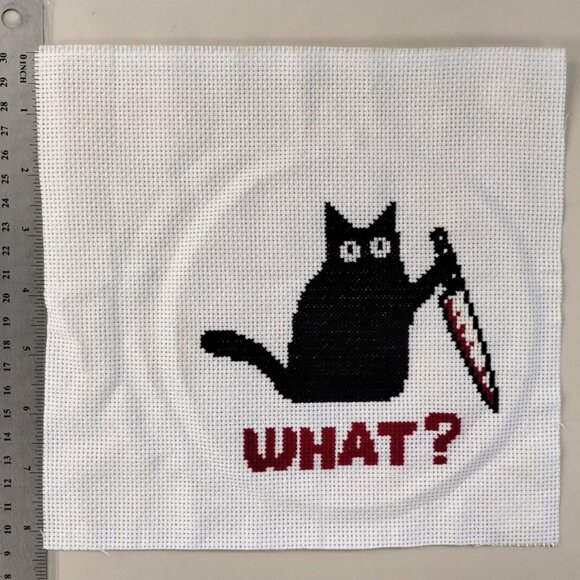 The What? Kitty, with Red Sauce /  Cross Stitch / Completed, Hand Crafted - Picture 2 of 3